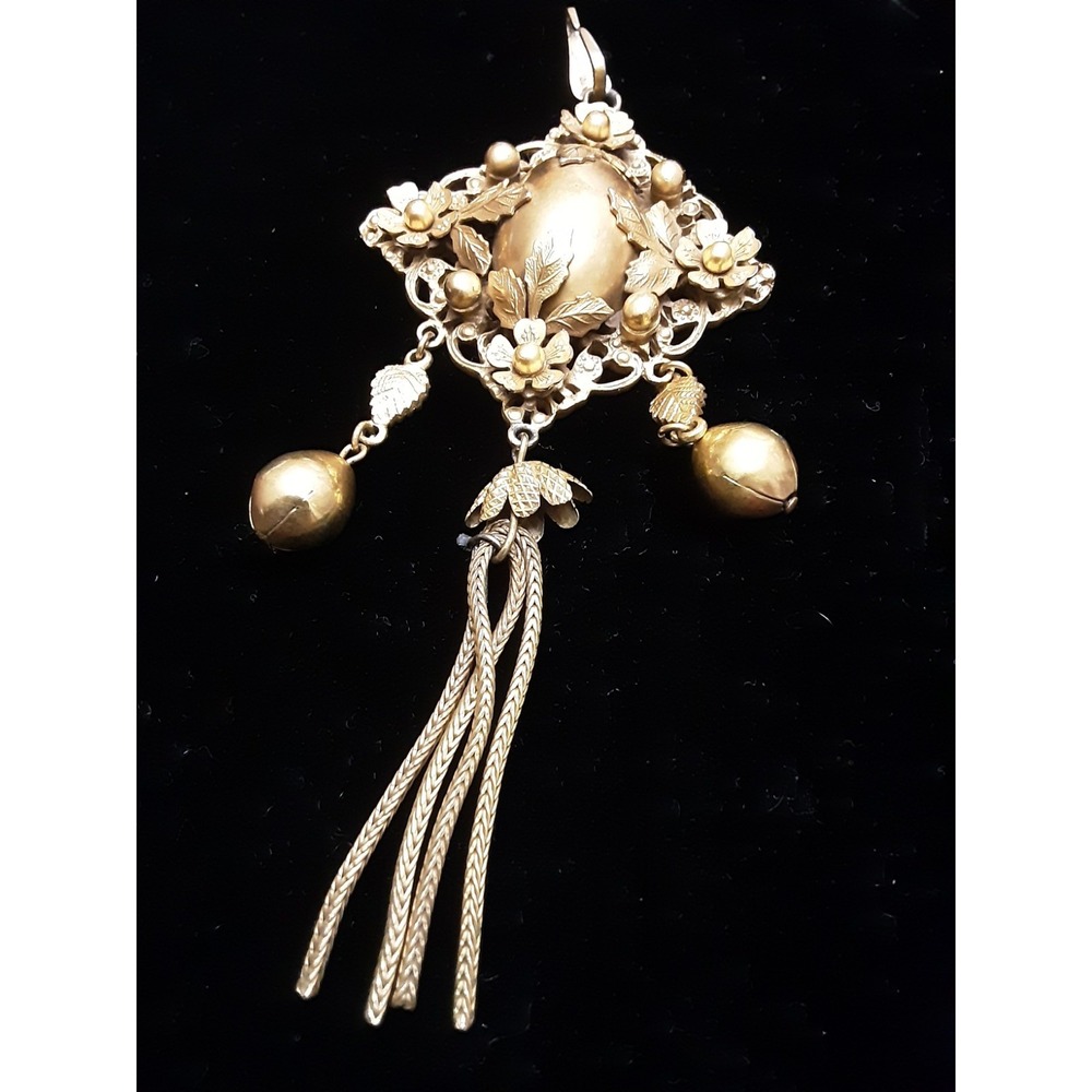 Vtg Francois Pendant Brooch Gold Tone Flowers Leaves Statement Dangle Chain
